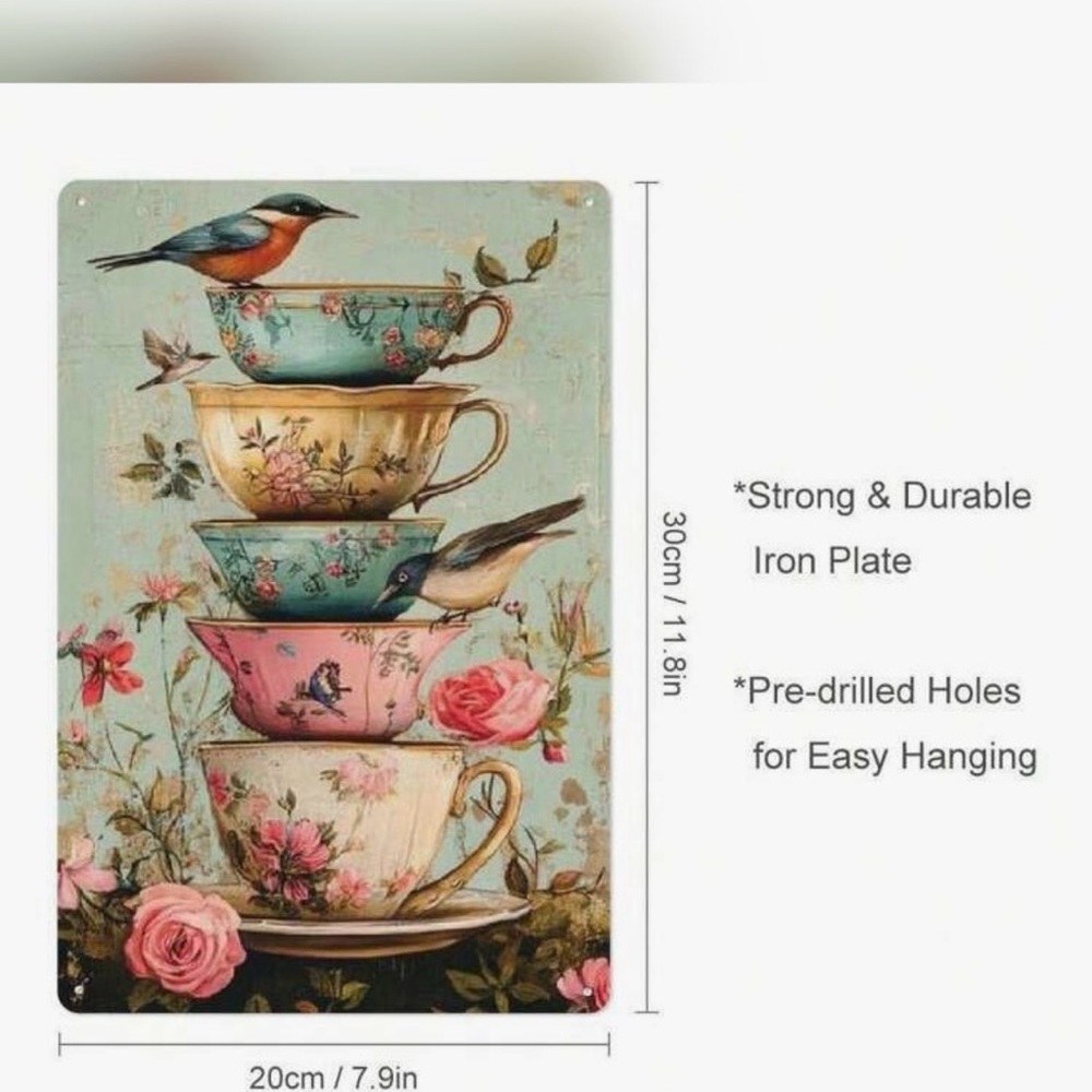 Vintage Bird And Floral Teacup Metal Sign, Country Style Wall Decoration - Picture 3 of 5
